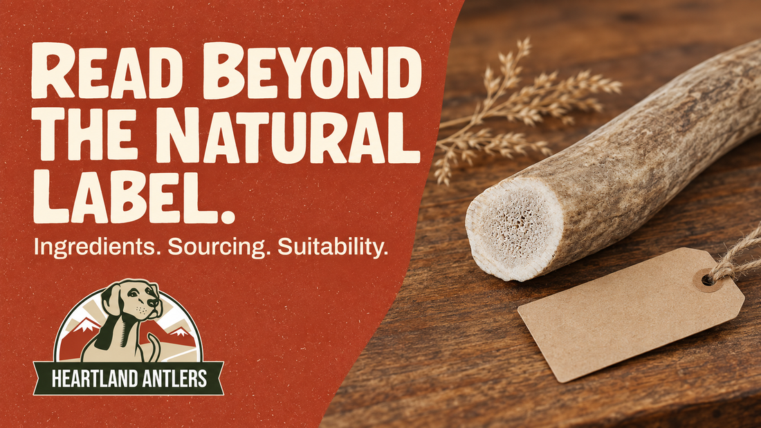 Heartland Antlers guide to natural labels, ingredients, sourcing and suitability, with an illustrative antler specimen
