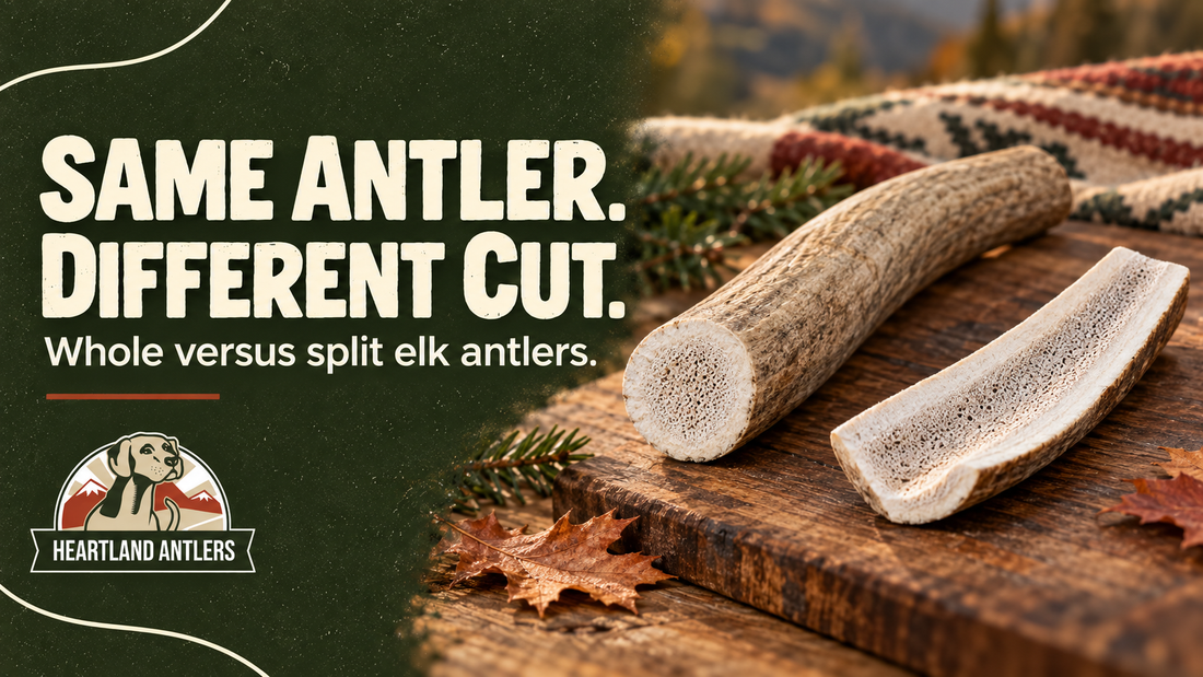 Whole and lengthwise split elk antler illustrations show the difference in cut.