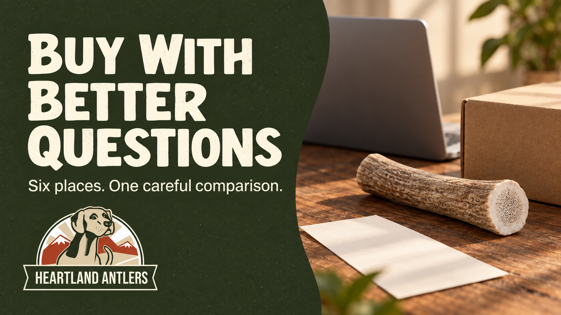 Antler, laptop and parcel illustrate comparing sellers with better questions.