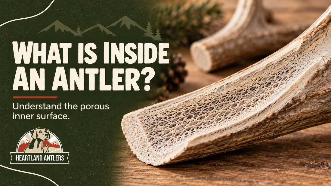An antler cross-section introduces the inner surface often called marrow in chew listings.