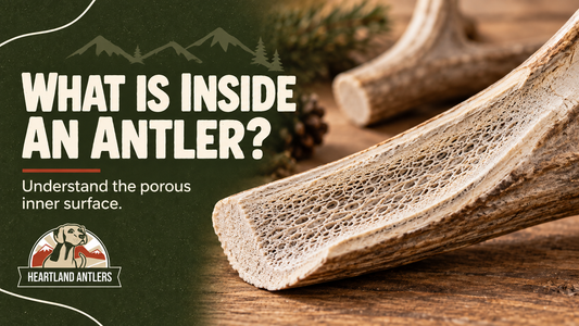 An antler cross-section introduces the inner surface often called marrow in chew listings.