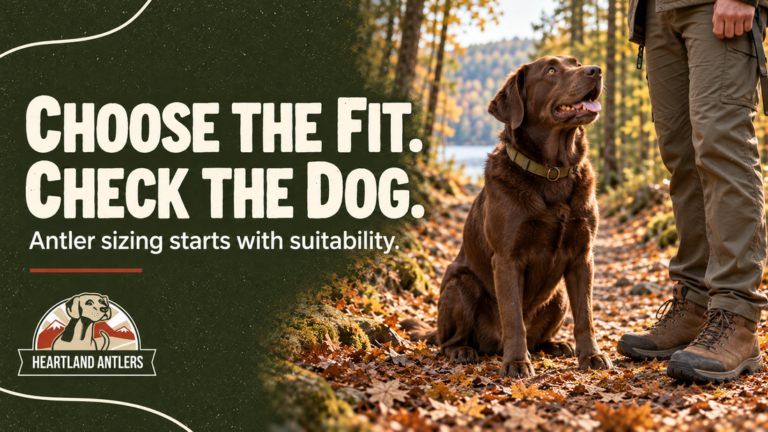 Adult Labrador and owner with a reminder to check the dog before choosing an antler size.